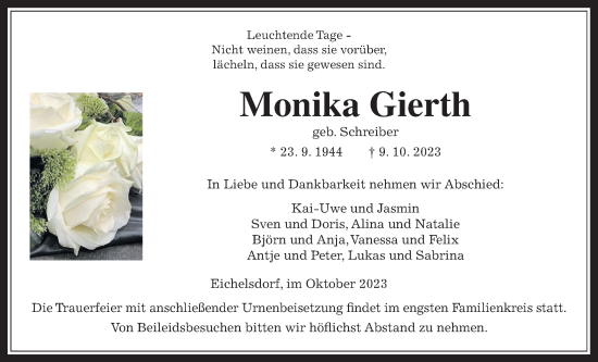 Traueranzeige von Monika Gierth von Kreis-Anzeiger