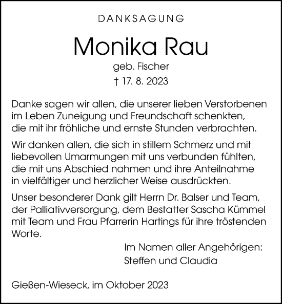 Traueranzeige von Monika Rau von Giessener Allgemeine, Alsfelder Allgemeine, Giessener Anzeiger