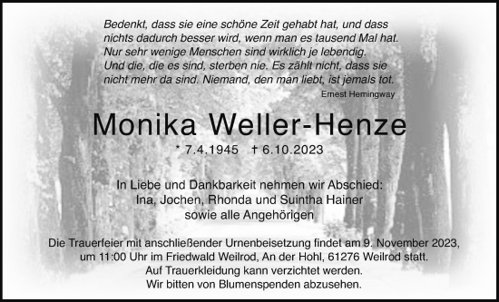 Traueranzeige von Monika Weller-Henze von Wetterauer Zeitung