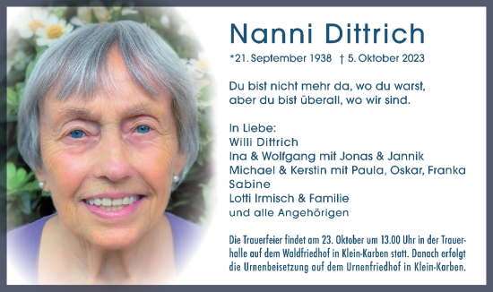 Traueranzeige von Nanni Dittrich von Bad Vilbel/Karben