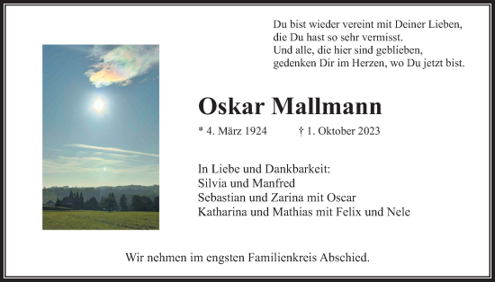 Traueranzeige von Oskar Mallmann von Wetterauer Zeitung
