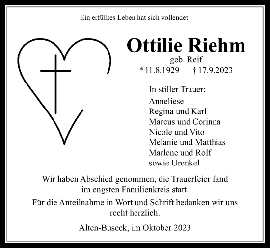 Traueranzeige von Ottilie Riehm von Giessener Anzeiger, Giessener Allgemeine, Alsfelder Allgemeine