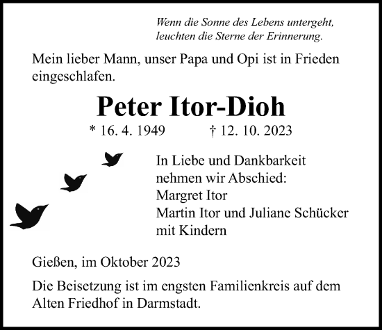 Traueranzeige von Peter Itor-Dioh von Giessener Allgemeine, Alsfelder Allgemeine, Giessener Anzeiger