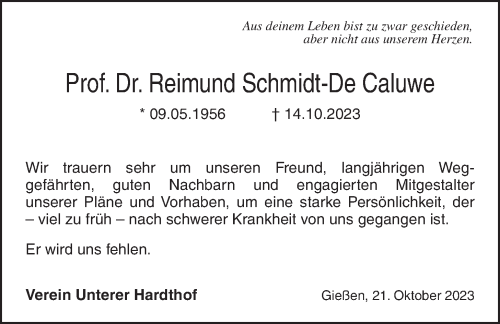  Traueranzeige für Reimund Schmidt-De Caluwe vom 21.10.2023 aus Giessener Allgemeine, Alsfelder Allgemeine, Giessener Anzeiger