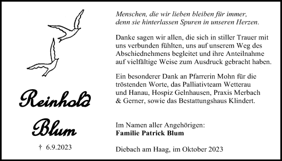 Traueranzeige von Reinhold Blum von Kreis-Anzeiger