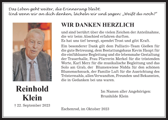 Traueranzeige von Reinhold Klein von Kreis-Anzeiger