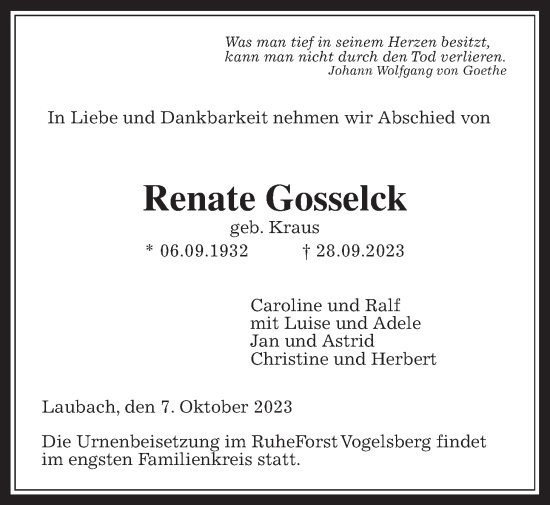 Traueranzeige von Renate Gosselck von Giessener Allgemeine, Alsfelder Allgemeine, Laubacher Anzeiger, Laubacher Anzeiger