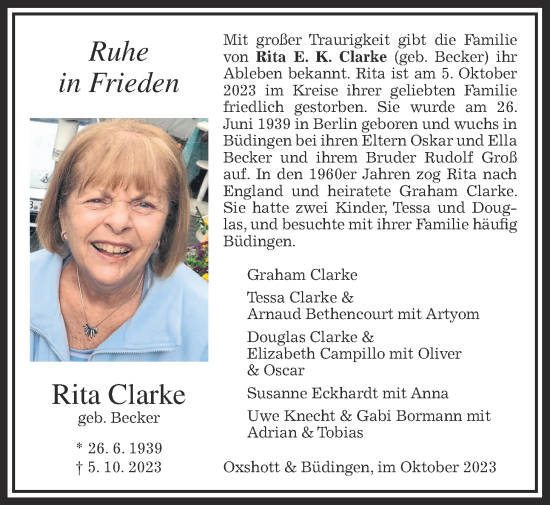 Traueranzeige von Rita Clarke von Kreis-Anzeiger