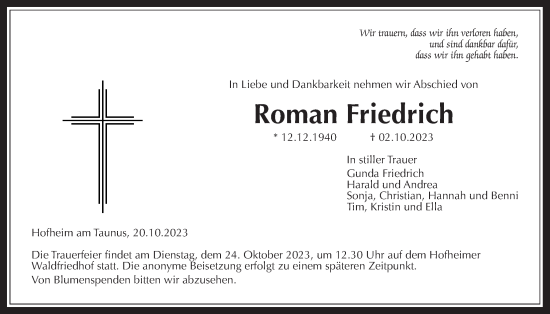 Traueranzeige von Roman Friedrich 
