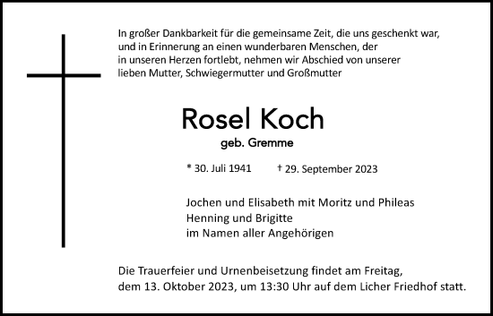 Traueranzeige von Rosel Koch von Licher Wochenblatt