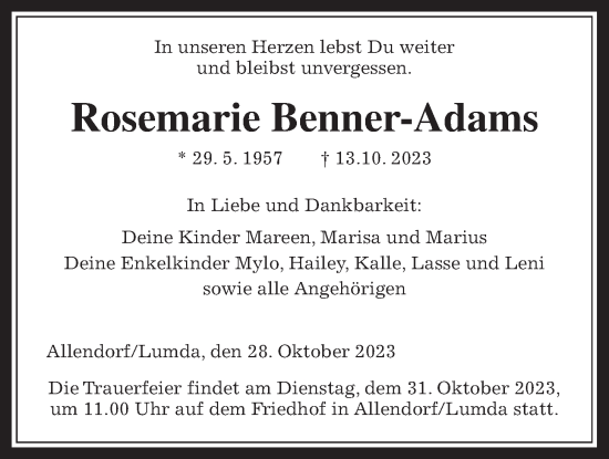 Traueranzeige von Rosemarie Benner-Adams von Giessener Allgemeine, Alsfelder Allgemeine