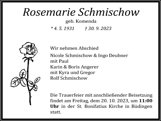 Traueranzeige von Rosemarie Schmischow von Kreis-Anzeiger