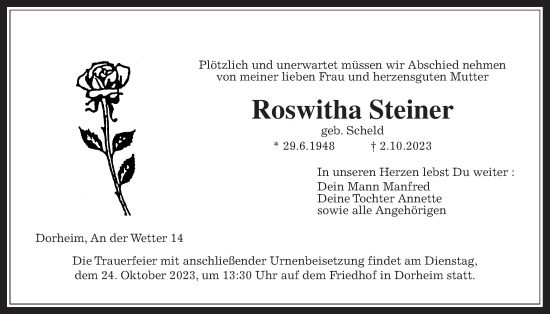 Traueranzeige von Roswitha Steiner von Wetterauer Zeitung