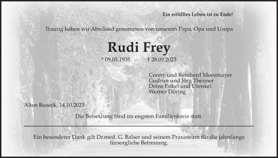 Traueranzeige von Rudi Frey von Giessener Anzeiger, Giessener Allgemeine, Alsfelder Allgemeine