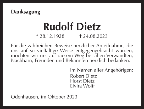 Traueranzeige von Rudolf Dietz von Rabenauer Zeitung, Rabenauer Zeitung