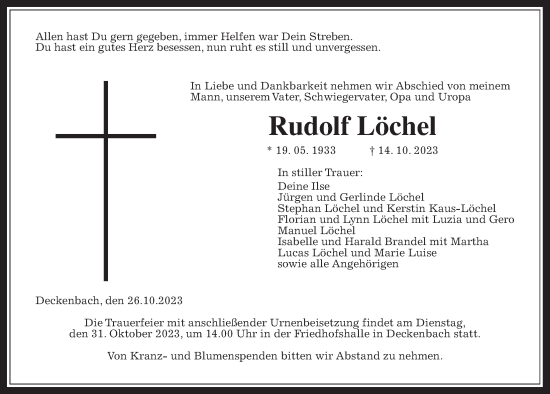 Traueranzeige von Rudolf Löchel von Alsfelder Allgemeine
