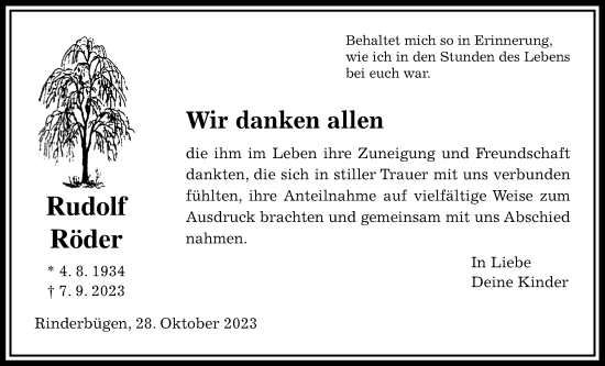 Traueranzeige von Rudolf Röder von Kreis-Anzeiger