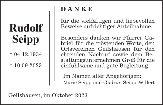 Traueranzeige von Rudolf Seipp von Rabenauer Zeitung, Rabenauer Zeitung