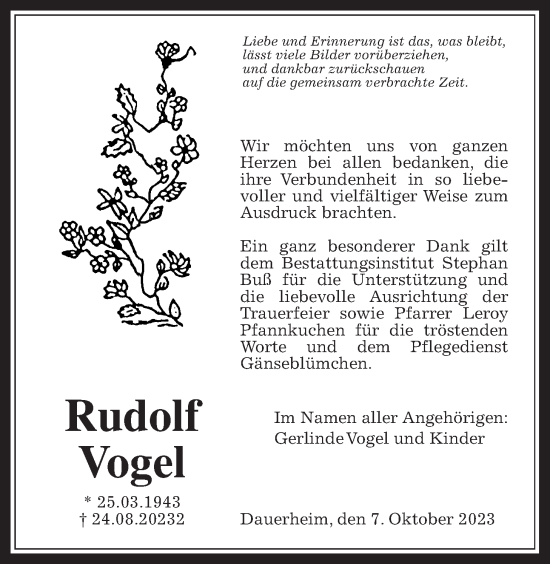 Traueranzeige von Rudolf Vogel von Wetterauer Zeitung, Kreis-Anzeiger