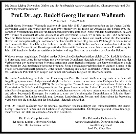 Traueranzeige von Rudol Georg Hermann Waßmuth von Giessener Allgemeine, Alsfelder Allgemeine, Giessener Anzeiger