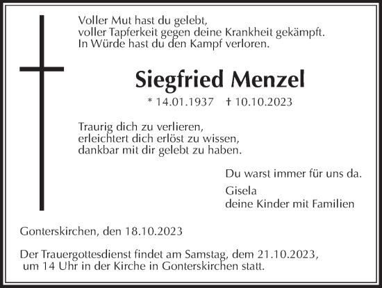 Traueranzeige von Siegfried Menzel von Laubacher Anzeiger