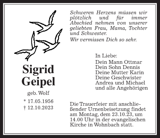 Traueranzeige von Sigrid Geipel von Wetterauer Zeitung