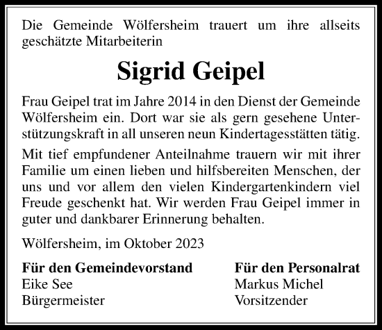 Traueranzeige von Sigrid Geipel von Wetterauer Zeitung