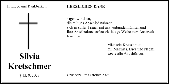 Traueranzeige von Silvia Kretschmer von Giessener Allgemeine, Alsfelder Allgemeine, Giessener Anzeiger