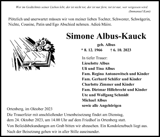 Traueranzeige von Simone Albus-Kauck von Kreis-Anzeiger