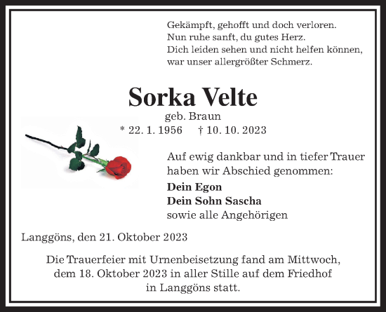 Traueranzeige von Sorka Velte von Giessener Allgemeine, Alsfelder Allgemeine