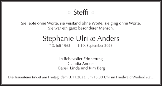 Traueranzeige von Stephanie Ulrike Anders von Usinger Anzeiger