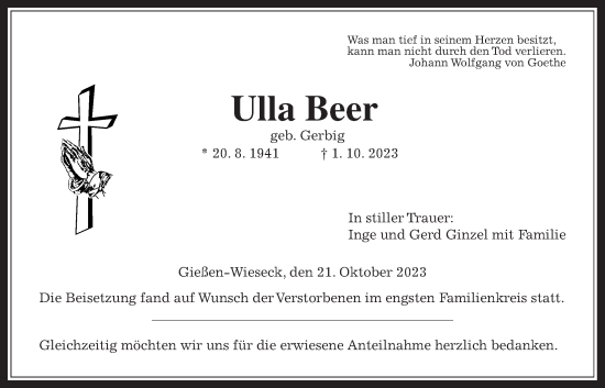 Traueranzeige von Ulla Beer von Giessener Allgemeine, Alsfelder Allgemeine, Giessener Anzeiger