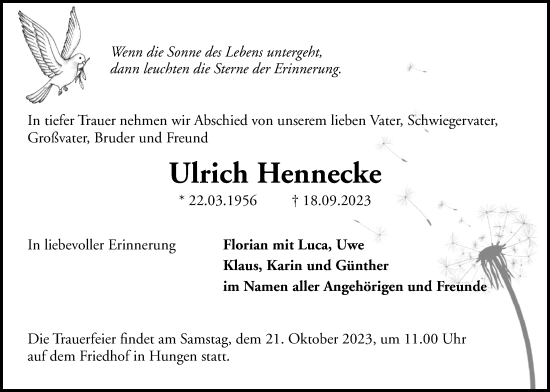 Traueranzeige von Ulrich Hennecke von Licher Wochenblatt, Licher Wochenblatt