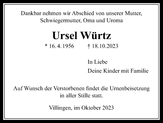 Traueranzeige von Ursel Würtz von Licher Wochenblatt