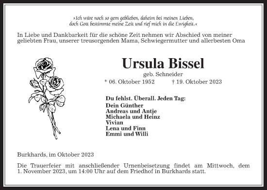 Traueranzeige von Ursula Bissel von Kreis-Anzeiger