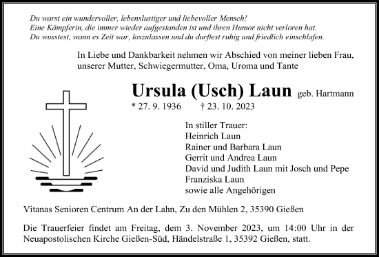 Traueranzeige von Ursula Laun von Giessener Allgemeine, Alsfelder Allgemeine, Giessener Anzeiger