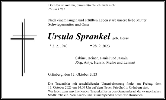 Traueranzeige von Ursula Sprankel von Heimatzeitung Grünberg + Laubach, Heimatzeitung Grünberg + Laubach