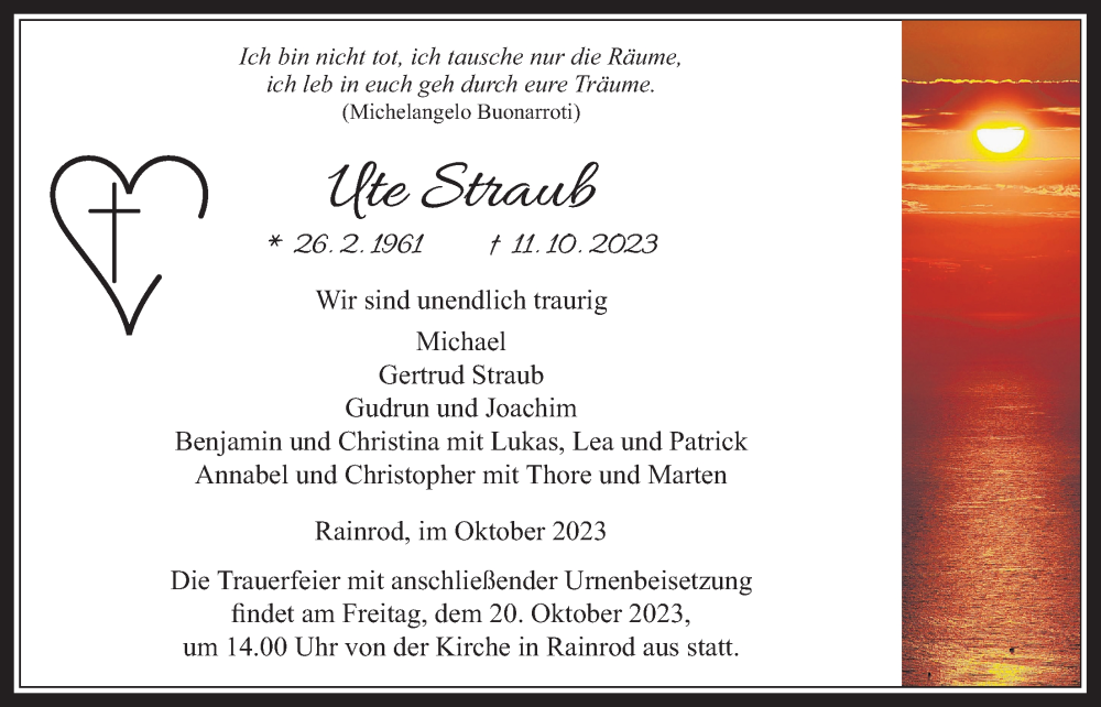  Traueranzeige für Ute Straub vom 17.10.2023 aus Kreis-Anzeiger