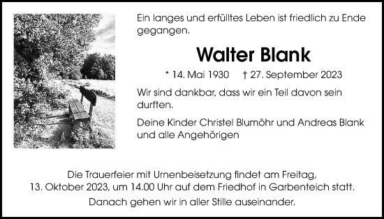 Traueranzeige von Walter Blank von Giessener Anzeiger, Giessener Allgemeine, Alsfelder Allgemeine