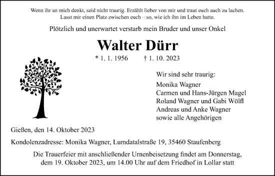 Traueranzeige von Walter Dürr von Giessener Anzeiger, Giessener Allgemeine, Alsfelder Allgemeine