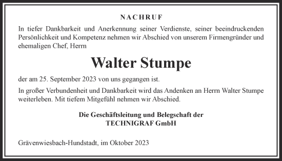 Traueranzeige von Walter Stumpe von Usinger Anzeiger