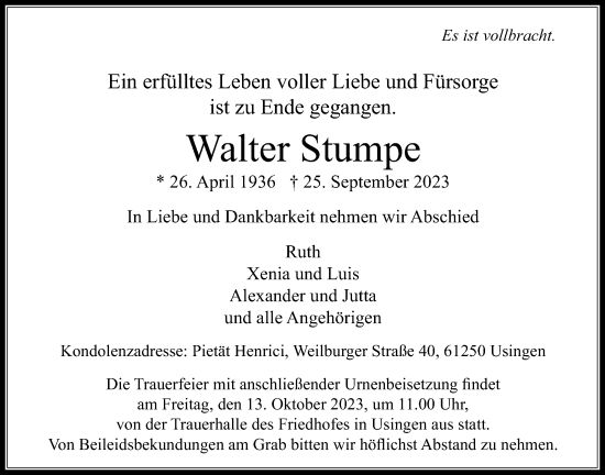 Traueranzeige von Walter Stumpe von Usinger Anzeiger