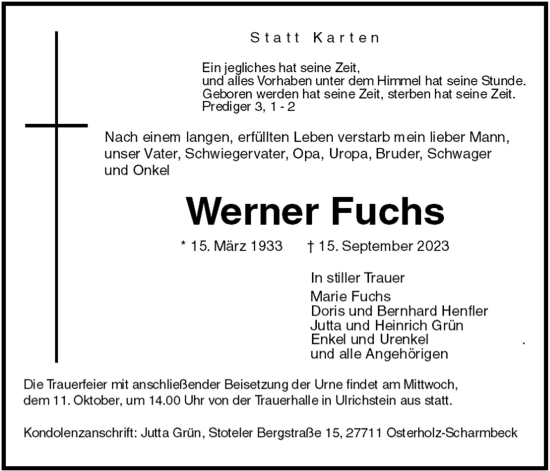 Traueranzeige von Werner Fuchs von Alsfelder Allgemeine