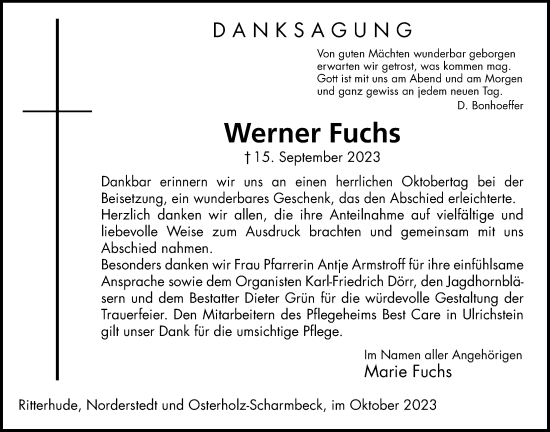 Traueranzeige von Werner Fuchs von Alsfelder Allgemeine