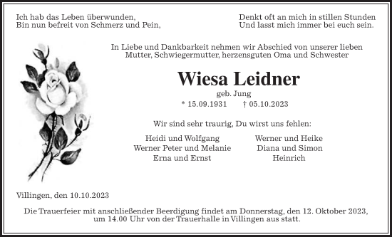 Traueranzeige von Wiesa Leidner von Giessener Anzeiger, Giessener Allgemeine, Alsfelder Allgemeine
