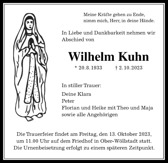Traueranzeige von Wilhelm Kuhn von Wetterauer Zeitung