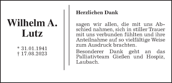 Traueranzeige von Wilhelm A. Lutz von Laubacher Anzeiger, Laubacher Anzeiger