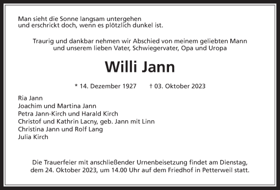 Traueranzeige von Willi Jann von Wetterauer Zeitung, Bad Vilbel/Karben