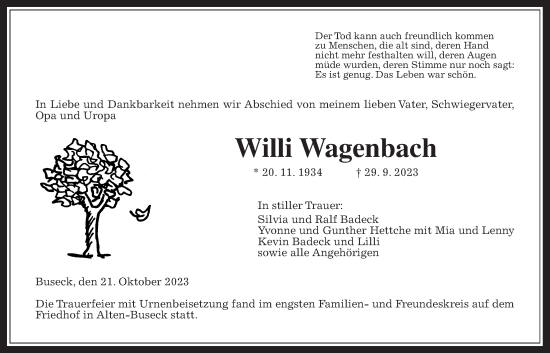 Traueranzeige von Willi Wagenbach von Giessener Allgemeine, Alsfelder Allgemeine