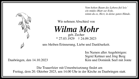 Traueranzeige von Wilma Mohr von Giessener Allgemeine, Alsfelder Allgemeine